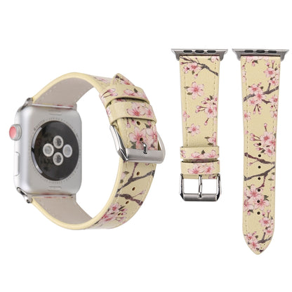 Fashion Plum Blossom Pattern Genuine Leather Wrist Watch Band for Apple Watch Series 3 & 2 & 1 42mm(Yellow) - Watch Bands by buy2fix | Online Shopping UK | buy2fix