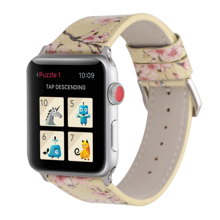 Fashion Plum Blossom Pattern Genuine Leather Wrist Watch Band for Apple Watch Series 3 & 2 & 1 42mm(Yellow) - Watch Bands by buy2fix | Online Shopping UK | buy2fix