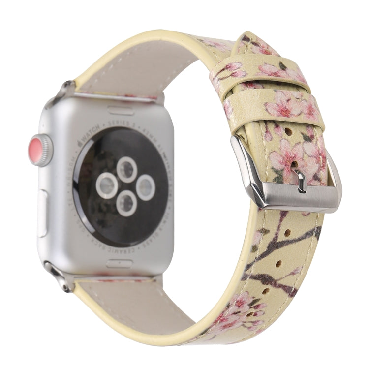 Fashion Plum Blossom Pattern Genuine Leather Wrist Watch Band for Apple Watch Series 3 & 2 & 1 42mm(Yellow) - Watch Bands by buy2fix | Online Shopping UK | buy2fix