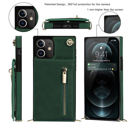 For iPhone 12 / 12 Pro Cross-body Zipper Square TPU+PU Back Cover Case with Holder & Card Slots & Wallet & Strap(Green) - iPhone 12 / 12 Pro Cases by buy2fix | Online Shopping UK | buy2fix