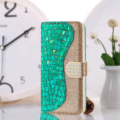 For iPhone 13 Laser Glitter Powder Matching Crocodile Texture Horizontal Flip Leather Case with Card Slots & Holder & Wallet(Green) - iPhone 13 Cases by buy2fix | Online Shopping UK | buy2fix