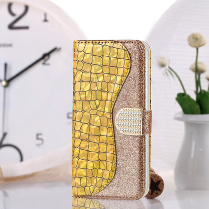 For iPhone 13 mini Laser Glitter Powder Matching Crocodile Texture Horizontal Flip Leather Case with Card Slots & Holder & Wallet (Gold) - iPhone 13 mini Cases by buy2fix | Online Shopping UK | buy2fix