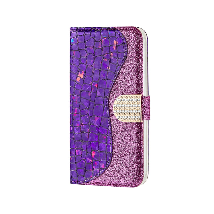 For iPhone 13 mini Laser Glitter Powder Matching Crocodile Texture Horizontal Flip Leather Case with Card Slots & Holder & Wallet (Purple) - iPhone 13 mini Cases by buy2fix | Online Shopping UK | buy2fix