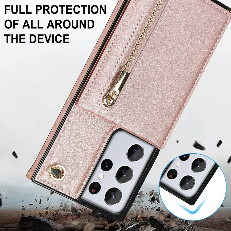 For Samsung Galaxy S21 Ultra 5G Cross-body Zipper Square TPU+PU Back Cover Case with Holder & Card Slots & Wallet & Strap(Rose Gold) - Galaxy S21 Ultra 5G Cases by buy2fix | Online Shopping UK | buy2fix