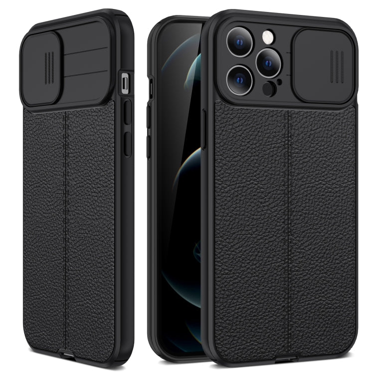 For iPhone 12 Pro Litchi Texture Sliding Camshield TPU Protective Case(Black) - iPhone 12 Pro Max Cases by buy2fix | Online Shopping UK | buy2fix