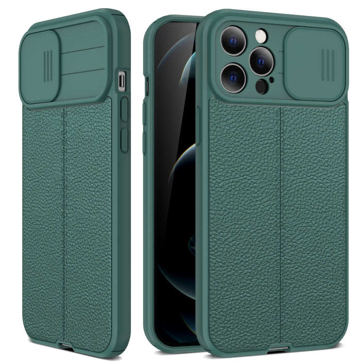 For iPhone 12 Pro Litchi Texture Sliding Camshield TPU Protective Case(Dark Green) - iPhone 12 Pro Max Cases by buy2fix | Online Shopping UK | buy2fix