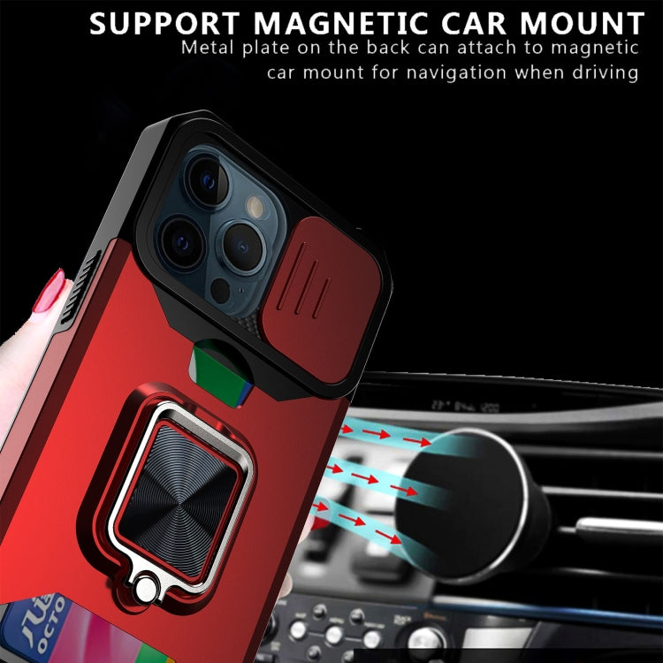 For iPhone 13 Pro Sliding Camshield Card Slot Ring Kickstand Phone Case (Red) - iPhone 13 Pro Cases by buy2fix | Online Shopping UK | buy2fix