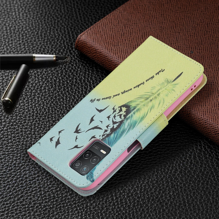 For OPPO Realme 8 5G / Realme V13 Colored Drawing Pattern Horizontal Flip Leather Case with Holder & Card Slots & Wallet(Feather) - Realme Cases by buy2fix | Online Shopping UK | buy2fix