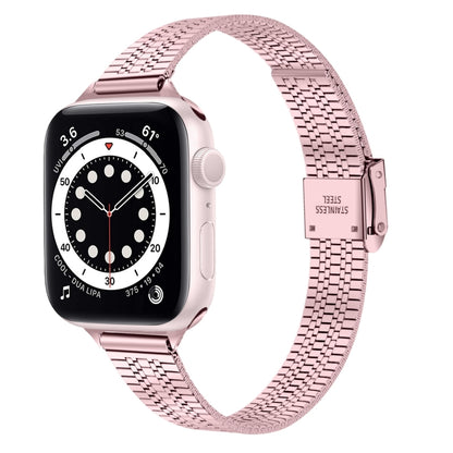 14mm Seven-beads Double Safety Buckle Slim Steel Watch Band For Apple Watch Series 9&8&7 41mm / SE 3&SE 2&6&SE&5&4 40mm / 3&2&1 38mm(Rose Pink) - Watch Bands by buy2fix | Online Shopping UK | buy2fix