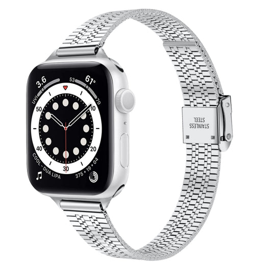 14mm Seven-beads Double Safety Buckle Slim Steel Watch Band For Apple Watch Series 9&8&7 41mm / SE 3&SE 2&6&SE&5&4 40mm / 3&2&1 38mm(Silver) - Watch Bands by buy2fix | Online Shopping UK | buy2fix