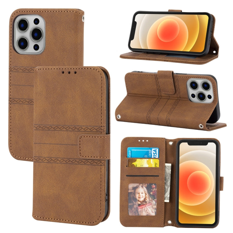 For iPhone 13 Pro Max Embossed Striped Magnetic Buckle PU + TPU Horizontal Flip Leather Case with Holder & Card Slot & Wallet & Photo Frame & Sling (Brown) - iPhone 13 Pro Max Cases by buy2fix | Online Shopping UK | buy2fix