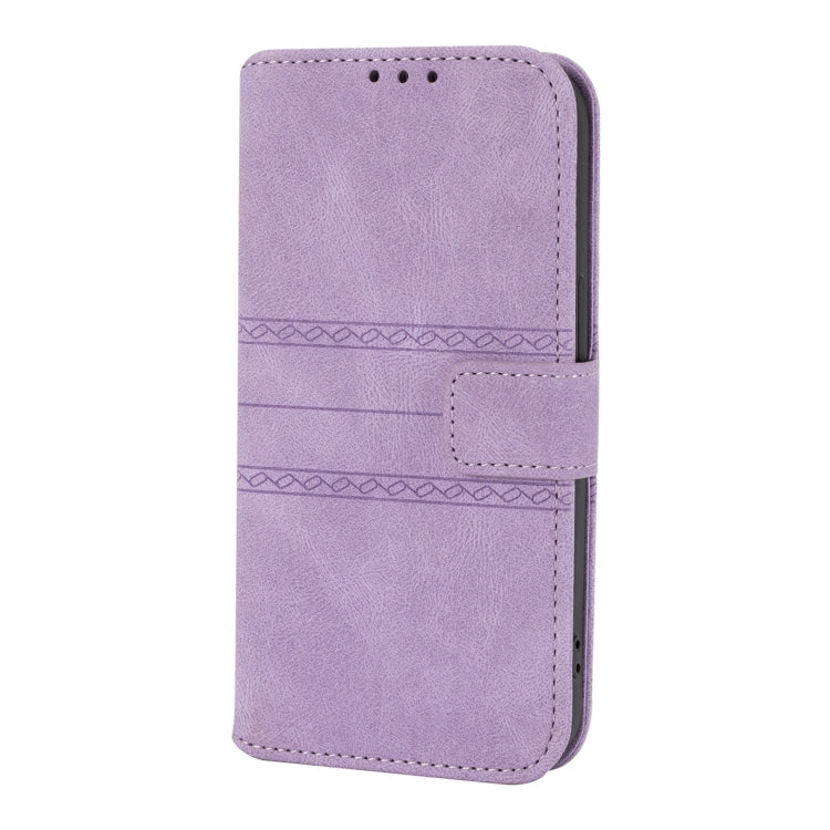 For iPhone 13 Pro Max Embossed Striped Magnetic Buckle PU + TPU Horizontal Flip Leather Case with Holder & Card Slot & Wallet & Photo Frame & Sling (Purple) - iPhone 13 Pro Max Cases by buy2fix | Online Shopping UK | buy2fix