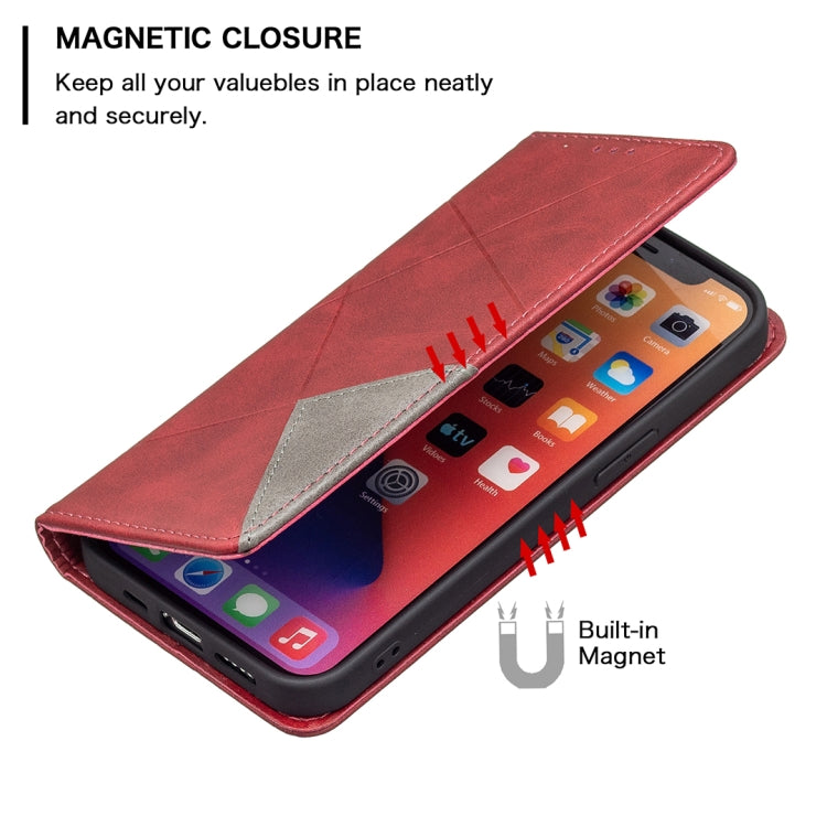 For iPhone 13 mini Rhombus Texture Horizontal Flip Magnetic Leather Case with Holder & Card Slots (Red) - iPhone 13 mini Cases by buy2fix | Online Shopping UK | buy2fix