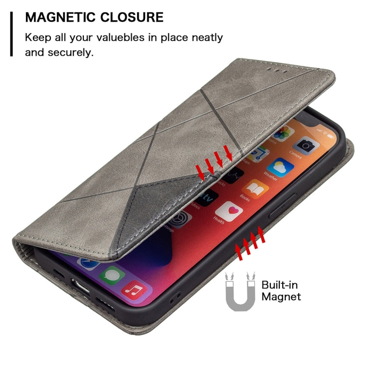 For iPhone 13 Rhombus Texture Horizontal Flip Magnetic Leather Case with Holder & Card Slots(Grey) - iPhone 13 Cases by buy2fix | Online Shopping UK | buy2fix