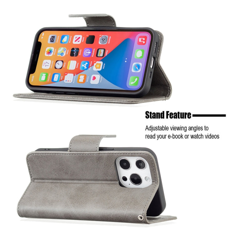 For iPhone 13 Retro Lambskin Texture Pure Color Horizontal Flip PU Leather Case, with Holder & Card Slots & Wallet & Lanyard(Grey) - iPhone 13 Cases by buy2fix | Online Shopping UK | buy2fix