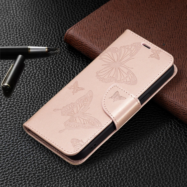 For iPhone 13 Pro Embossing Two Butterflies Pattern Horizontal Flip PU Leather Case with Holder & Card Slot & Wallet & Lanyard (Rose Gold) - iPhone 13 Pro Cases by buy2fix | Online Shopping UK | buy2fix