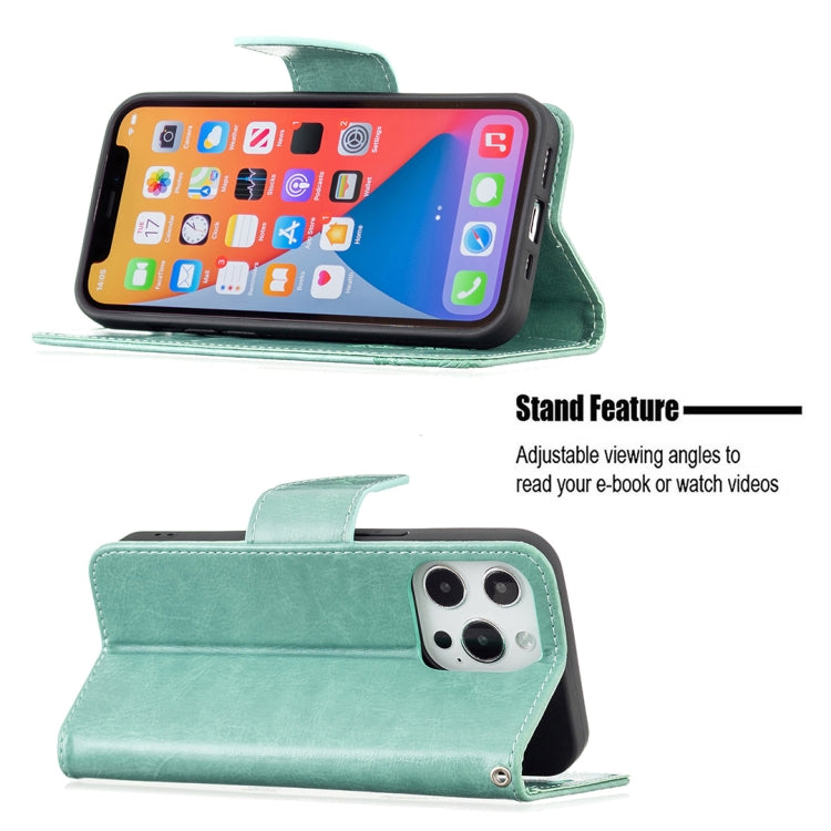 For iPhone 13 Pro Embossing Two Butterflies Pattern Horizontal Flip PU Leather Case with Holder & Card Slot & Wallet & Lanyard (Green) - iPhone 13 Pro Cases by buy2fix | Online Shopping UK | buy2fix