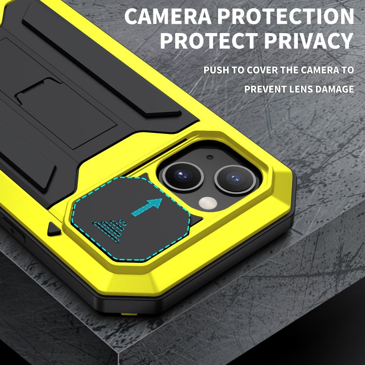 For iPhone 13 R-JUST Sliding Camera Shockproof Life Waterproof Dust-proof Metal + Silicone Protective Case with Holder(Yellow) - iPhone 13 Cases by R-JUST | Online Shopping UK | buy2fix