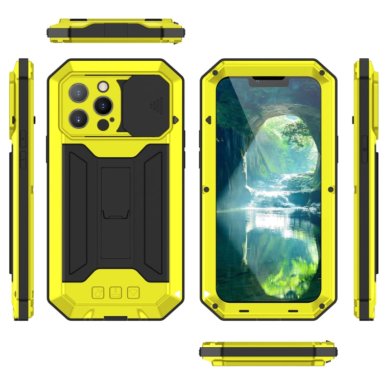 For iPhone 13 Pro R-JUST Sliding Camera Shockproof Life Waterproof Dust-proof Metal + Silicone Protective Case with Holder (Yellow) - iPhone 13 Pro Cases by R-JUST | Online Shopping UK | buy2fix