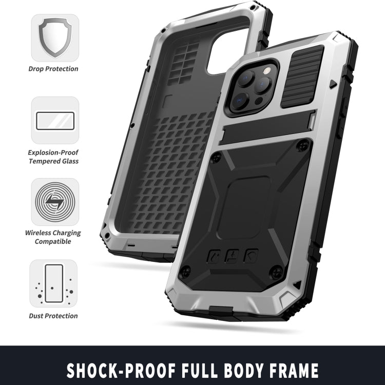 For iPhone 13 R-JUST Shockproof Waterproof Dust-proof Metal + Silicone Protective Case with Holder(Silver) - iPhone 13 Cases by R-JUST | Online Shopping UK | buy2fix