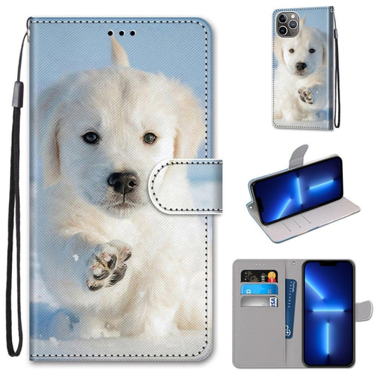 For iPhone 13 Pro Coloured Drawing Cross Texture Horizontal Flip PU Leather Case with Holder & Card Slots & Wallet & Lanyard (Snow Puppy) - iPhone 13 Pro Cases by buy2fix | Online Shopping UK | buy2fix