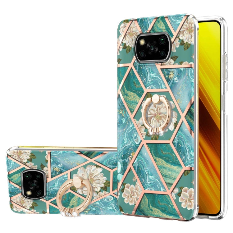 For Xiaomi Poco X3 NFC Electroplating Splicing Marble Flower Pattern TPU Shockproof Case with Rhinestone Ring Holder(Blue Flower) - Xiaomi Cases by buy2fix | Online Shopping UK | buy2fix