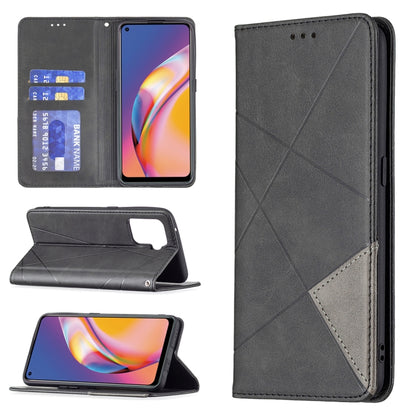 For OPPO A94 4G / Reno 5F / F19 Pro Rhombus Texture Horizontal Flip Magnetic Leather Case with Holder & Card Slots(Black) - OPPO Cases by buy2fix | Online Shopping UK | buy2fix