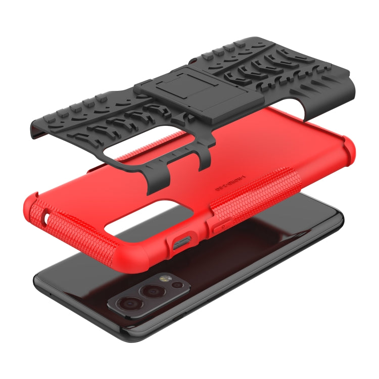 For OnePlus Nord 2 5G Tire Texture Shockproof TPU+PC Protective Case with Holder(Red) - OnePlus Cases by buy2fix | Online Shopping UK | buy2fix