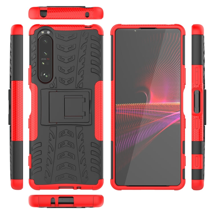 For Sony Xperia 1 III Tire Texture Shockproof TPU+PC Protective Case with Holder(Red) - Sony Cases by buy2fix | Online Shopping UK | buy2fix