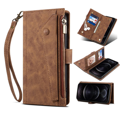 For iPhone 13 Pro Retro Frosted Horizontal Flip Leather Case with Holder & Card Slot & Wallet & Zipper Pocket & Lanyard (Brown) - iPhone 13 Pro Cases by buy2fix | Online Shopping UK | buy2fix