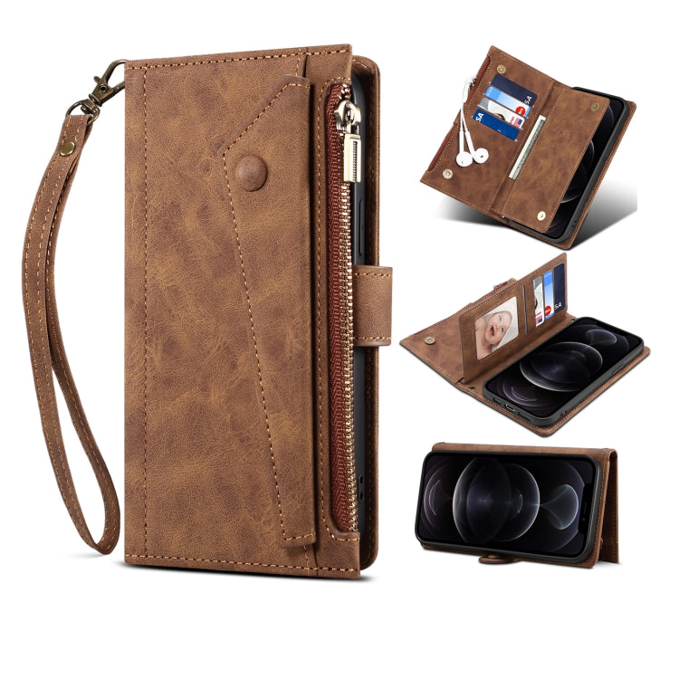 For iPhone 12 Pro Max Retro Frosted Horizontal Flip Leather Case with Holder & Card Slot & Wallet & Zipper Pocket & Lanyard(Brown) - iPhone 12 Pro Max Cases by buy2fix | Online Shopping UK | buy2fix