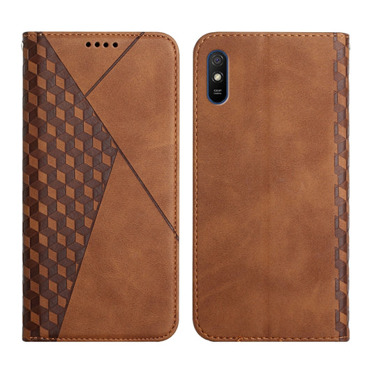 For Xiaomi Redmi 9A Diamond Pattern Splicing Skin Feel Magnetic Horizontal Flip Leather Case with Card Slots & Holder & Wallet(Brown) - Xiaomi Cases by buy2fix | Online Shopping UK | buy2fix