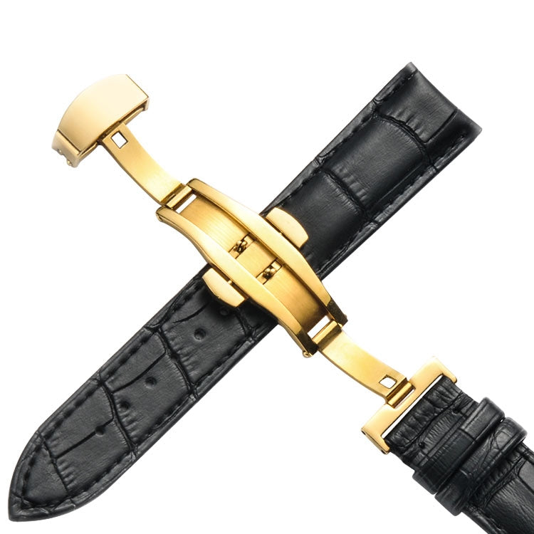 16mm Classic Cowhide Leather Gold Butterfly Buckle Watch Band(Black) - Watch Bands by buy2fix | Online Shopping UK | buy2fix