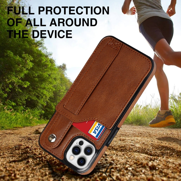 For iPhone 12 Pro Max Crazy Horse Texture Shockproof TPU + PU Leather Case with Card Slot & Wrist Strap Holder(Brown) - iPhone 12 Pro Max Cases by buy2fix | Online Shopping UK | buy2fix