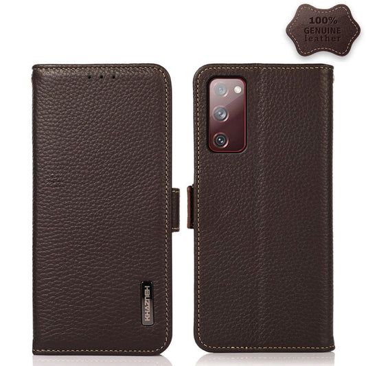 For Samsung Galaxy S20 FE KHAZNEH Side-Magnetic Litchi Genuine Leather RFID Phone Case(Brown) - Galaxy S20 FE Cases by buy2fix | Online Shopping UK | buy2fix