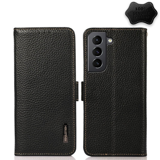 For Samsung Galaxy S21+ 5G KHAZNEH Side-Magnetic Litchi Genuine Leather RFID Phone Case(Black) - Galaxy S21+ 5G Cases by buy2fix | Online Shopping UK | buy2fix