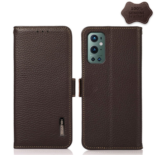 For OnePlus 9 Pro KHAZNEH Side-Magnetic Litchi Genuine Leather RFID Phone Case(Brown) - OnePlus Cases by buy2fix | Online Shopping UK | buy2fix