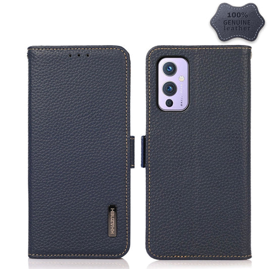 For OnePlus 9 KHAZNEH Side-Magnetic Litchi Genuine Leather RFID Phone Case(Blue) - OnePlus Cases by buy2fix | Online Shopping UK | buy2fix