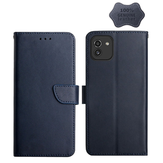 For Samsung Galaxy A03 164mm Genuine Leather Fingerprint-proof Horizontal Flip Phone Case(Blue) - Galaxy Phone Cases by buy2fix | Online Shopping UK | buy2fix