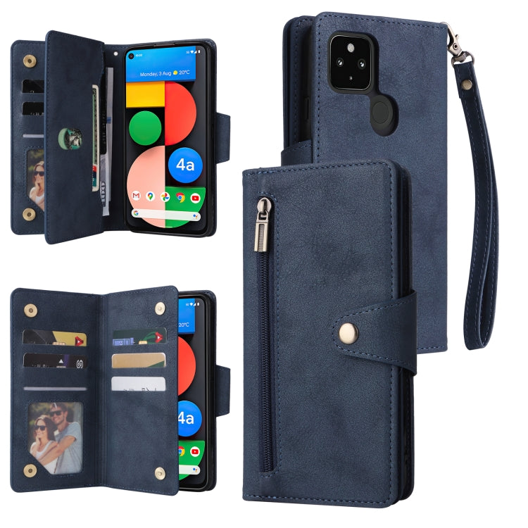 For Google Pixel 4A 5G Rivet Buckle 9 Cards Three Fold Leather Phone Case(Blue) - Google Cases by buy2fix | Online Shopping UK | buy2fix