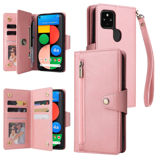 For Google Pixel 4A 5G Rivet Buckle 9 Cards Three Fold Leather Phone Case(Rose Gold) - Google Cases by buy2fix | Online Shopping UK | buy2fix