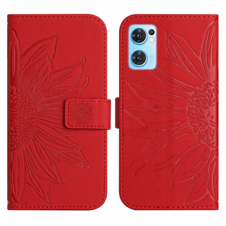 For OPPO Reno7 5G/Find X5 Lite Skin Feel Sun Flower Pattern Flip Leather Phone Case with Lanyard(Red) - OPPO Cases by buy2fix | Online Shopping UK | buy2fix