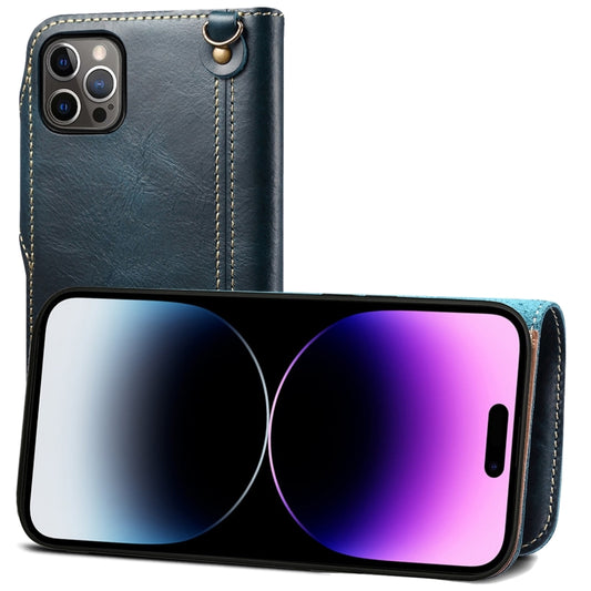 For iPhone 14 Pro Denior Oil Wax Cowhide Magnetic Button Genuine Leather Case(Dark Blue) - iPhone 14 Pro Cases by Denior | Online Shopping UK | buy2fix