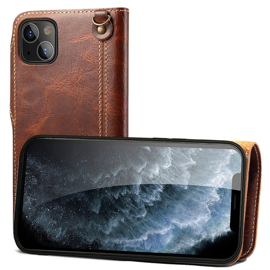 For iPhone 14 Plus Denior Oil Wax Cowhide Magnetic Button Genuine Leather Case(Brown) - iPhone 14 Plus Cases by Denior | Online Shopping UK | buy2fix