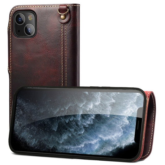 For iPhone 14 Plus Denior Oil Wax Cowhide Magnetic Button Genuine Leather Case(Dark Red) - iPhone 14 Plus Cases by Denior | Online Shopping UK | buy2fix