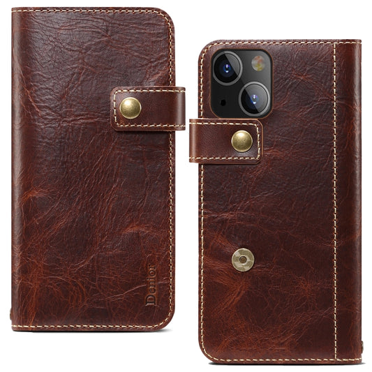 For iPhone 14 Plus Denior Oil Wax Cowhide DK Magnetic Button Leather Phone Case(Brown) - iPhone 14 Plus Cases by Denior | Online Shopping UK | buy2fix