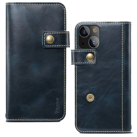 For iPhone 14 Plus Denior Oil Wax Cowhide DK Magnetic Button Leather Phone Case(Dark Blue) - iPhone 14 Plus Cases by Denior | Online Shopping UK | buy2fix