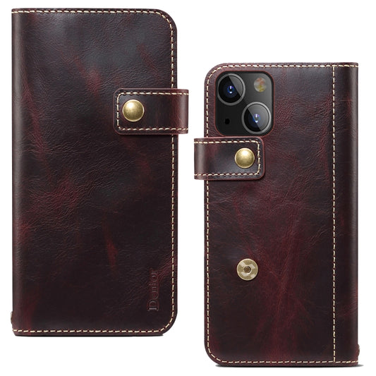 For iPhone 14 Plus Denior Oil Wax Cowhide DK Magnetic Button Leather Phone Case(Dark Red) - iPhone 14 Plus Cases by Denior | Online Shopping UK | buy2fix