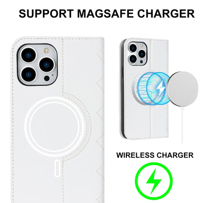 For iPhone 13 Pro Max Rhombic MagSafe RFID Anti-Theft Wallet Leather Phone Case(White) - iPhone 13 Pro Max Cases by buy2fix | Online Shopping UK | buy2fix