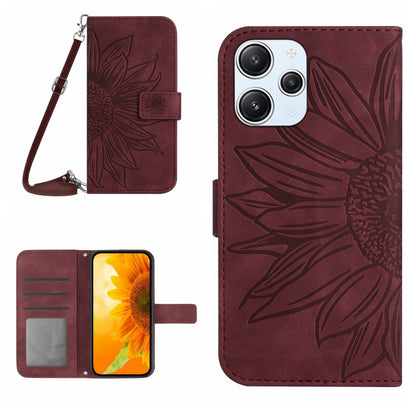 For Xiaomi Redmi 12 5G Skin Feel Sun Flower Embossed Flip Leather Phone Case with Lanyard(Wine Red) - Xiaomi Cases by buy2fix | Online Shopping UK | buy2fix